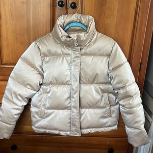 iridescent puffer jacket removable hood